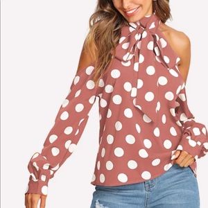 Pink polka dot cold shoulder top